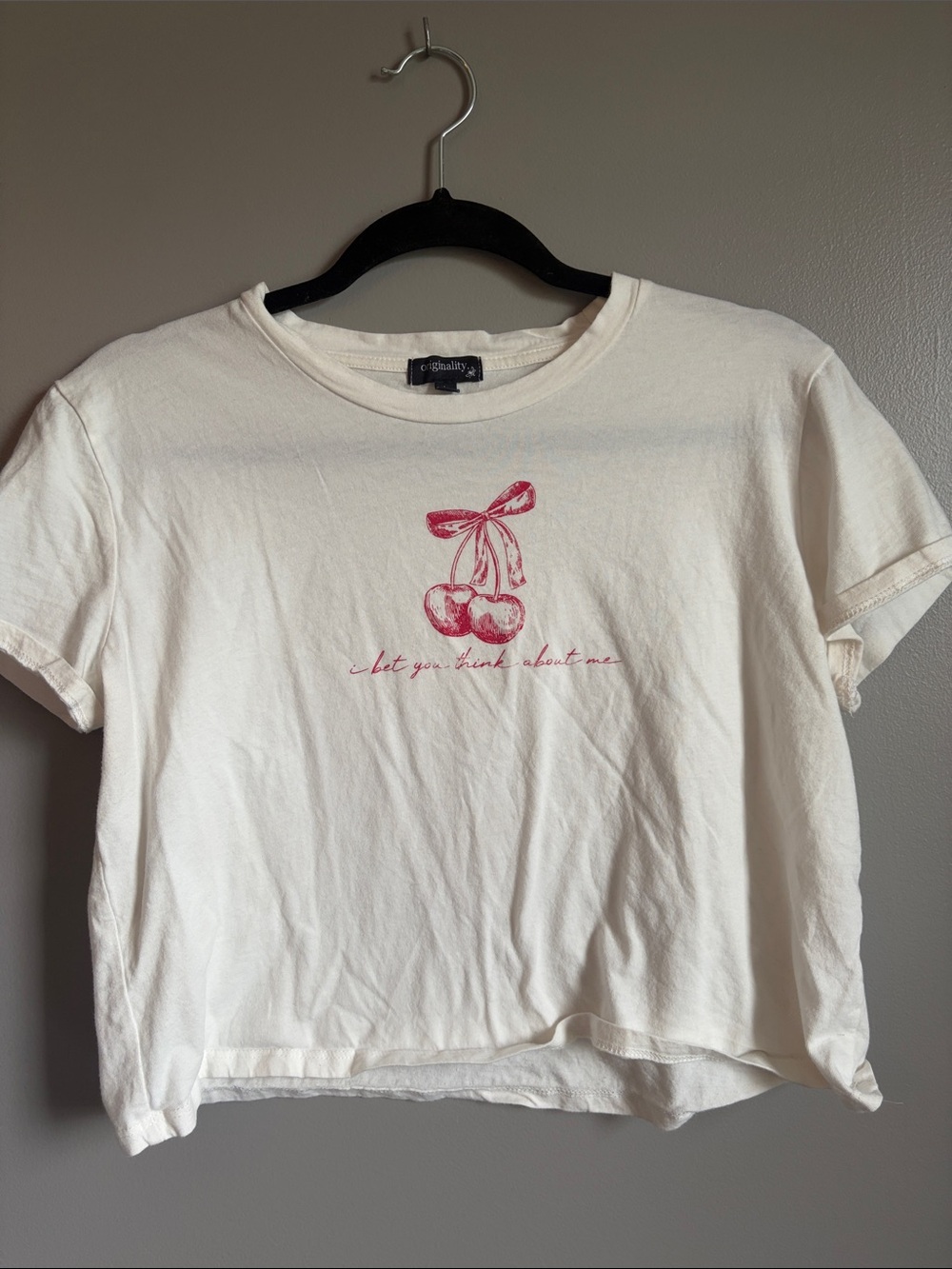 Dry Goods Taylor Swift Cream Crop Top with Pink Cherry Graphic